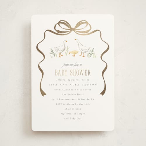 This is a mint foil stamped baby shower invitations with foil pressed by Everett Paper Goods called storybook geese printing on signature in standard