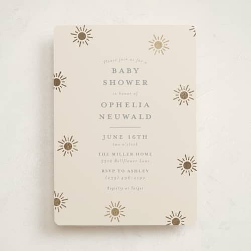 This is a blush foil stamped baby shower invitations with foil pressed by Meggy Masters called sun toss printing on signature in standard