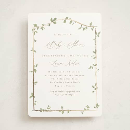 This is a ivy foil stamped baby shower invitations with foil pressed by Everett Paper Goods called canopy printing on signature in standard