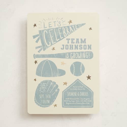 This is a sky foil stamped baby shower invitations with foil pressed by Rebekah Canavan called baseball baby shower printing on signature in standard
