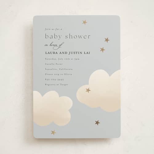 This is a sky foil stamped baby shower invitations with foil pressed by Joyce Pinheiro called twinkle twinkle printing on signature in standard