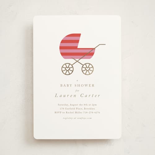 This is a rose foil stamped baby shower invitations with foil pressed by mo kelley called striped baby buggy printing on signature in standard
