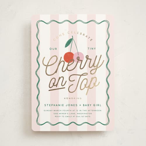 This is a petal foil stamped baby shower invitations with foil pressed by Kiersten Garner called tiny cherry on top printing on signature in standard