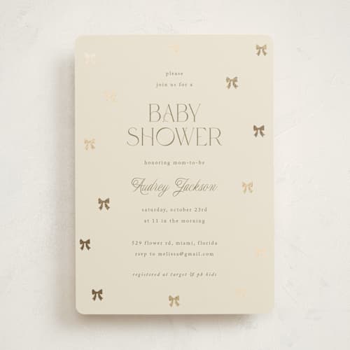This is a vanilla foil stamped baby shower invitations with foil pressed by Vera Lim called mini bows printing on signature in standard