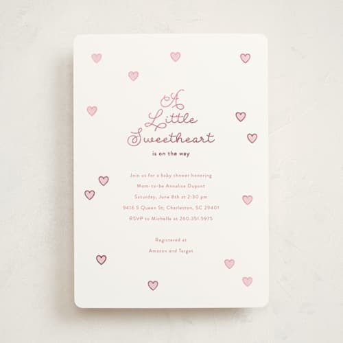 This is a strawberry foil stamped baby shower invitations with foil pressed by Angela Garrick called little sweetheart printing on signature in standard