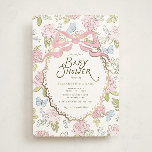 This is a peony foil stamped baby shower invitations with foil pressed by Holton Art and Design called floral & lace baby shower printing on signature in standard