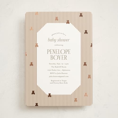 This is a beary foil stamped baby shower invitations with foil pressed by Cindy Reynolds called teddy bear stripes printing on signature in standard