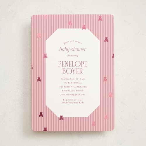This is a peony foil stamped baby shower invitations with foil pressed by Cindy Reynolds called teddy bear stripes printing on signature in standard