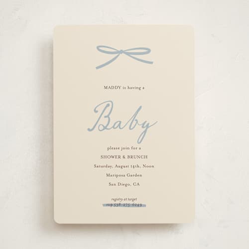 This is a denim baby shower invitations with standard by Ani Somi called baby bow printing on signature in standard