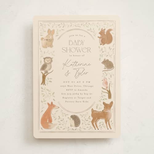 This is a ecru baby shower invitations with standard by Creo Study called woodland storybook printing on signature in standard