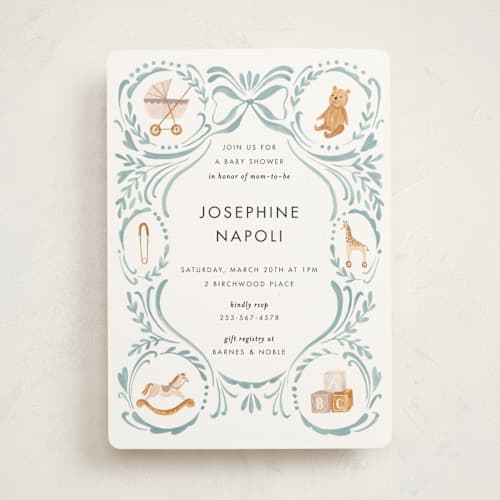 This is a cloud baby shower invitations with standard by Sarah Knight called prams, bears and baby printing on signature in standard