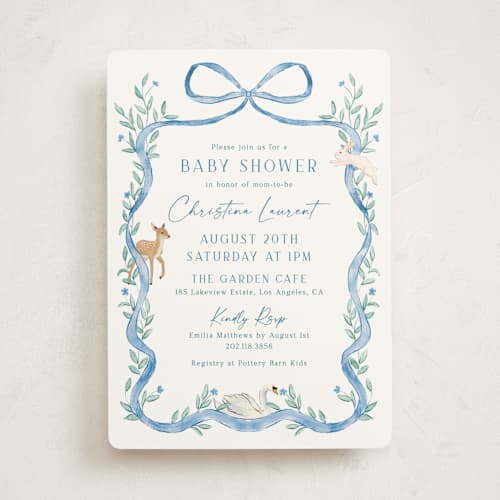 This is a blueberry baby shower invitations with standard by Elly called ribbon garden printing on signature in standard
