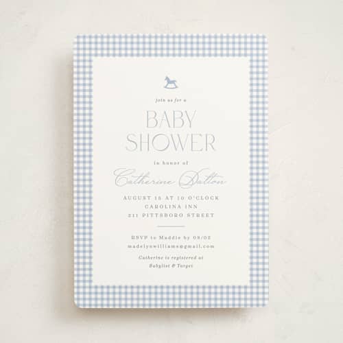 This is a baby blue baby shower invitations with standard by Olivia Raufman called gingham rockinghorse printing on signature in standard
