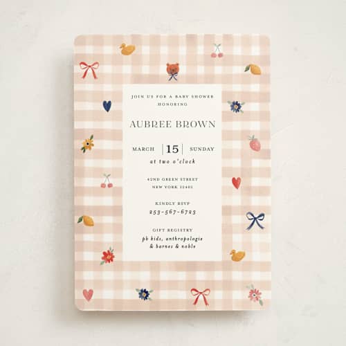 This is a shortbread baby shower invitations with standard by Sarah Knight called gingham printing on signature in standard