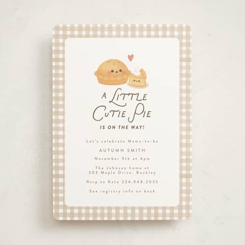 This is a tan baby shower invitations with standard by Itsy Belle Studio called cutie pie printing on signature in standard