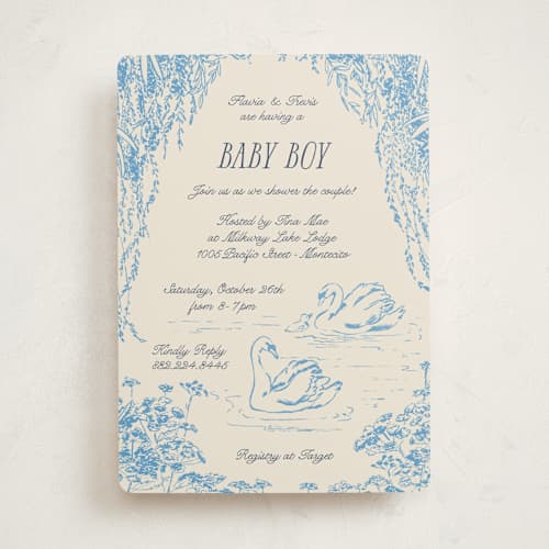 This is a bluebell baby shower invitations with standard by Pati Cascino called sweet swan printing on signature in standard