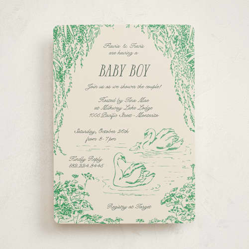 This is a forest baby shower invitations with standard by Pati Cascino called sweet swan printing on signature in standard