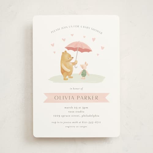 This is a blush baby shower invitations with standard by Katherine Moynagh called disney's pooh and piglet printing on signature in standard