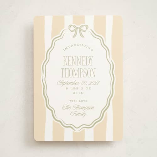 This is a sage birth announcements with standard by Robert and Stella called bow frame printing on signature in standard