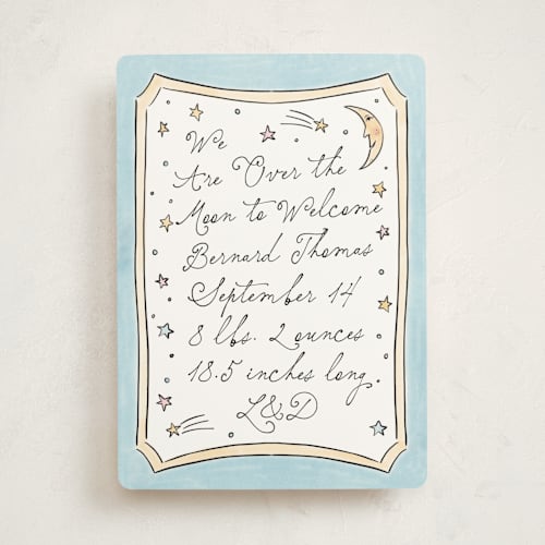 This is a sky birth announcements with standard by Ashlee Townsend called over the moon and back printing on signature in standard