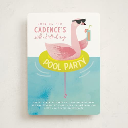 This is a lime kids birthday invitations with standard by Lori Wemple called flamingo printing on signature in standard