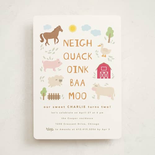 This is a cotton kids birthday invitations with standard by Creo Study called barnyard noises printing on signature in standard