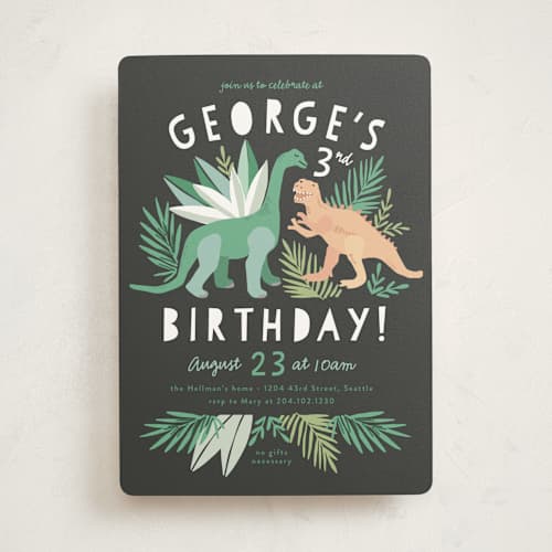 This is a graphite kids birthday invitations with standard by Alethea and Ruth called dino friends printing on signature in standard