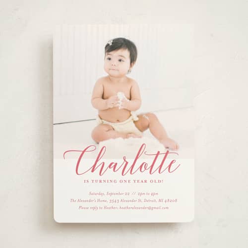 This is a blush kids birthday invitations with standard by Genna Blackburn called big script printing on signature in standard
