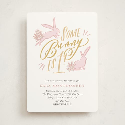 This is a peony kids birthday invitations with standard by Julie Murray called some bunny printing on signature in standard