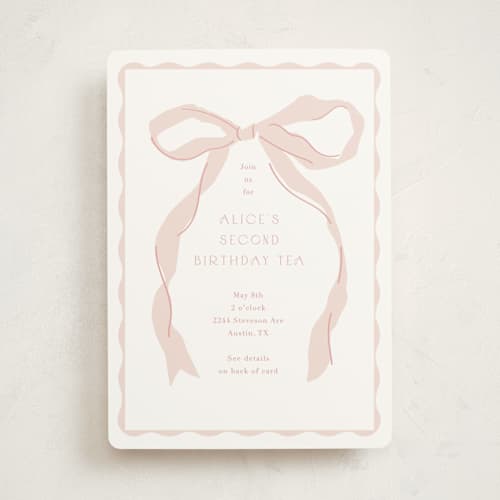 This is a blush kids birthday invitations with standard by Baumbirdy called framed bow printing on signature in standard