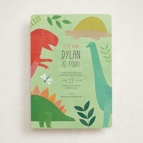 This is a forest kids birthday invitations with standard by melanie mikecz called let's roar dinosaur printing on signature in standard