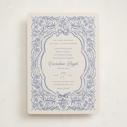 This is a indigo debutante party invitations with standard by Vera Lim called belle printing on signature in standard