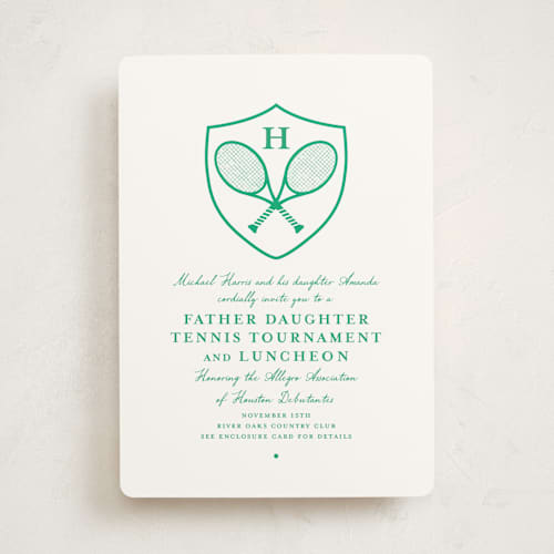 This is a grass debutante party invitations with standard by mo kelley called tennis crest printing on signature in standard