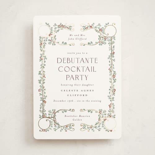 This is a snow debutante party invitations with foil pressed by Gwen Bedat called sapin printing on signature in standard