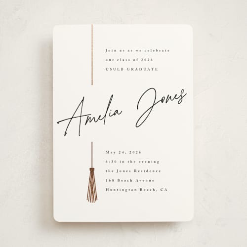 This is a pearl graduation invitations with foil pressed by Owl and Toad called written out printing on signature in standard