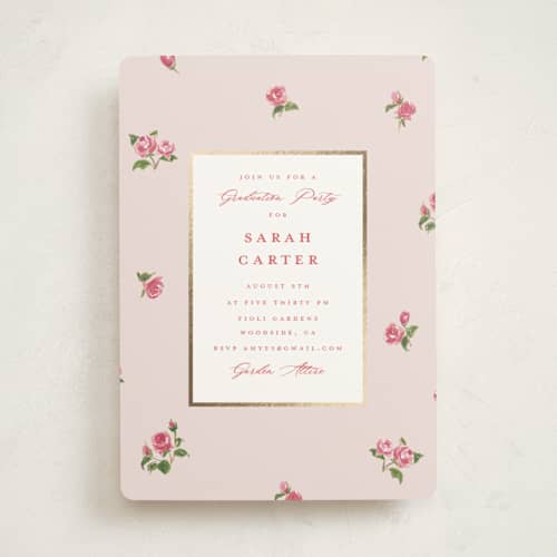 This is a blush graduation invitations with foil pressed by Teju Reval called romantic roses printing on signature in standard
