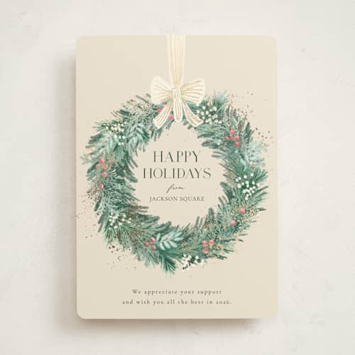 This is a vanilla business holiday cards with foil pressed by frau brandt called natural wreath printing on signature in standard