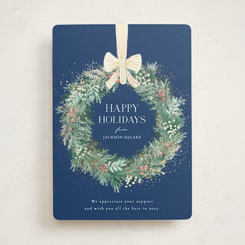 This is a midnight business holiday cards with foil pressed by frau brandt called natural wreath printing on signature in standard