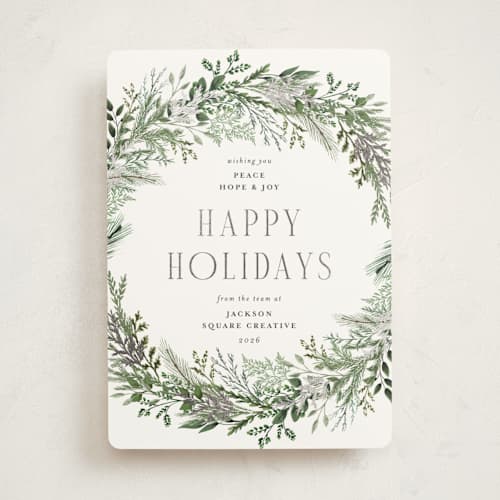This is a pine needle business holiday cards with foil pressed by Susan Moyal called pine wreath printing on signature in standard