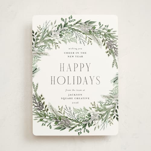 This is a pine needle business holiday cards with foil pressed by Susan Moyal called pine wreath printing on signature in standard