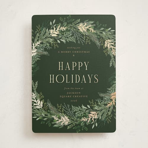 This is a balsam business holiday cards with foil pressed by Susan Moyal called pine wreath printing on signature in standard