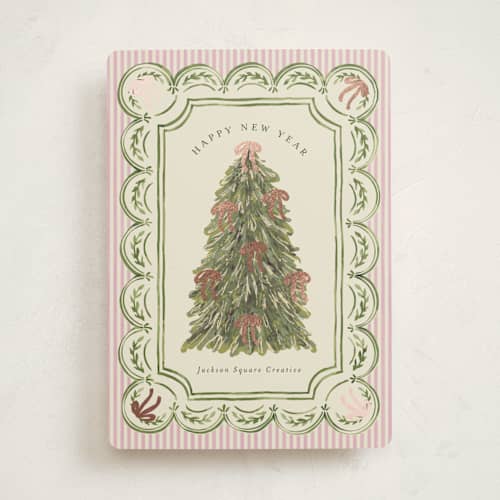 This is a peony business holiday cards with foil pressed by Chris Griffith called holiday bow tree printing on signature in standard