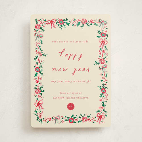 This is a ivory business holiday cards with standard by Sarah Rosenthal called decked in gratitude printing on signature in standard