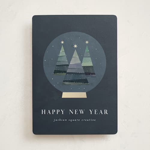 This is a midnight business holiday cards with standard by Lori Wemple called forest snowglobe printing on signature in standard
