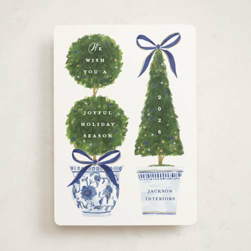 This is a harbor business holiday cards with standard by Susan Zinader called festive topiaries printing on signature in standard