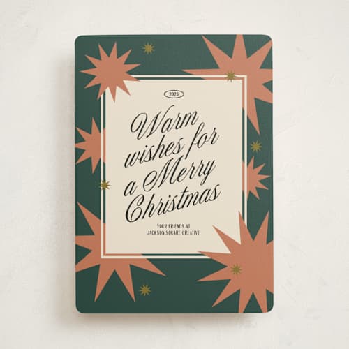 This is a rust business holiday cards with standard by Owl and Toad called modern bursts printing on signature in standard