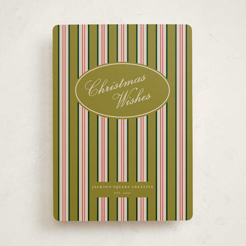This is a pistachio business holiday cards with standard by Baumbirdy called stripe printing on signature in standard