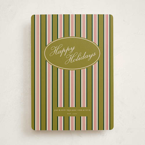 This is a pistachio business holiday cards with standard by Baumbirdy called stripe printing on signature in standard