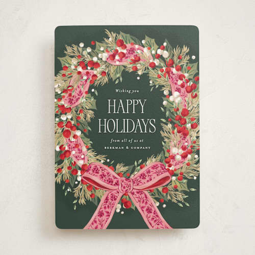 This is a flamingo business holiday cards with standard by Jackie Crawford called festive woven ribbon wreath printing on signature in standard