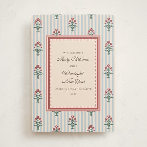 This is a frost business holiday cards with standard by Teju Reval called block print border printing on signature in standard